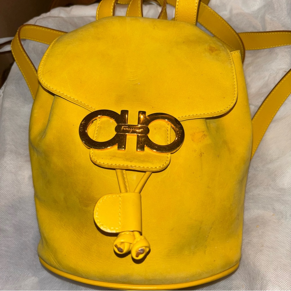Salvatore Ferragamo Gancini Yellow Suede Gold Mini Backpack
